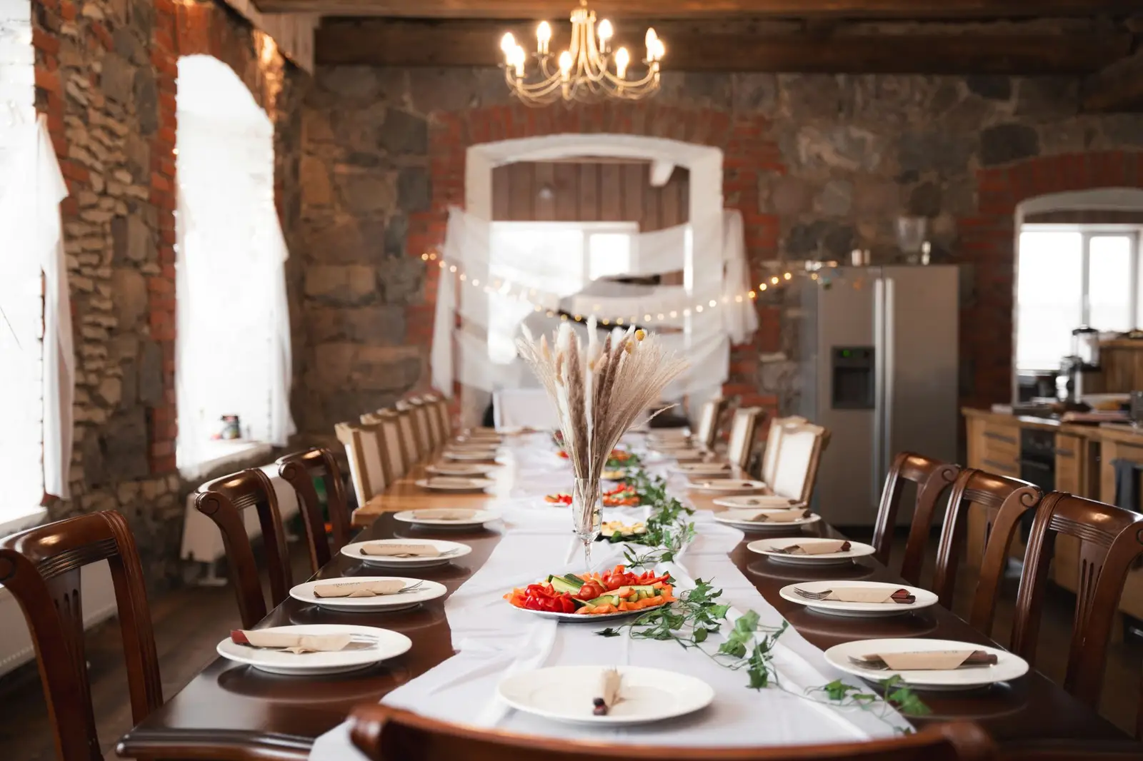 Long dining table in a rustic room